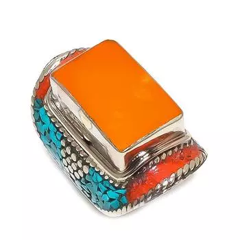 Кольцо ручной работы из натуральной тибетской бирюзы и кораллового камня, размер 8,5 M8C90