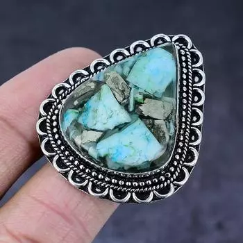 Кольцо ручной работы из серебра 925 пробы с натуральной бирюзой и пиритом S.9.5 w5u36
