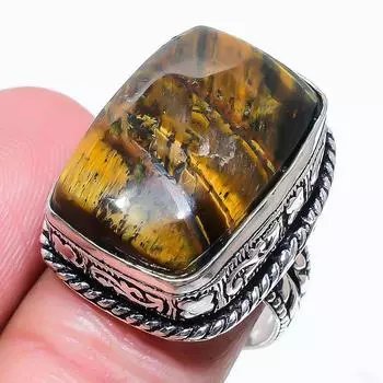 Кольцо ручной работы из серебра 925 пробы с драгоценным камнем тигровый глаз, размер 8 A3D37