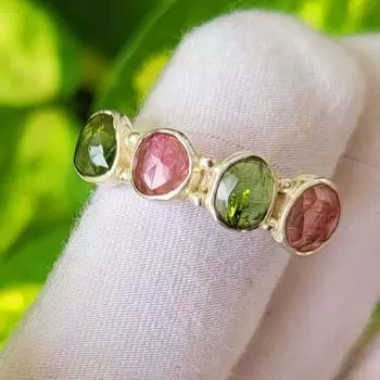 Кольцо ручной работы из серебра 925 пробы с натуральным розово-зеленым турмалином, размер 9,5 (США), A 104 9.5 US