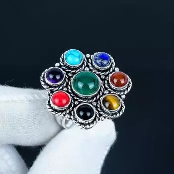 Кольцо ручной работы из стерлингового серебра 925 пробы с драгоценными камнями 7 чакр - Богемное ювелирное кольцо - Украшения в стиле бохо ручной работы для женщин и мужчин, Подарки на день рождения US 4 зелёный