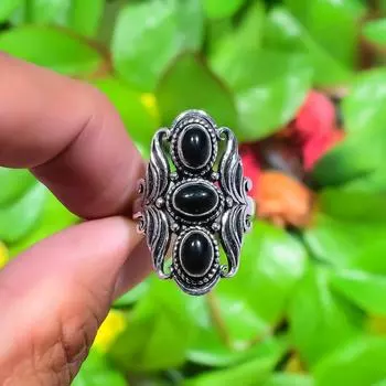 Кольцо ручной работы из стерлингового серебра 925 пробы с натуральным черным ониксом, размер 6 c2q57