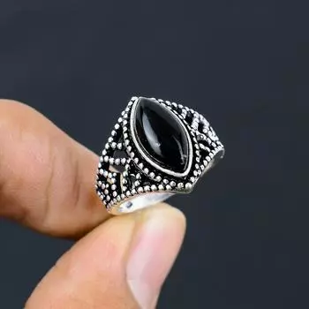 Кольцо ручной работы из стерлингового серебра 925 пробы с натуральным черным ониксом, размер 7 y0a23