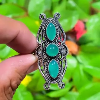 Кольцо ручной работы из стерлингового серебра 925 пробы с натуральным зеленым ониксом, размер 6 T1h92