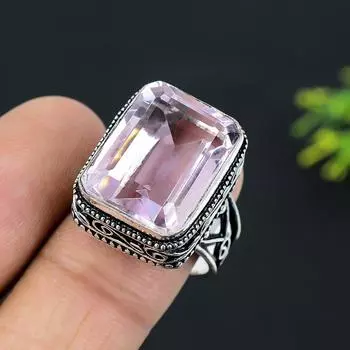 Кольцо ручной работы из стерлингового серебра 925 пробы с натуральным розовым кунцитом, размер 9 B6A51