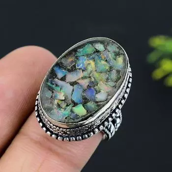 Кольцо ручной работы из стерлингового серебра 925 пробы с натуральным эфиопским опалом, размер 7 V5B45