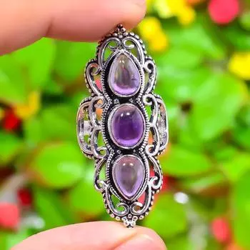 Кольцо ручной работы из стерлингового серебра 925 пробы с натуральным шалфейным аметистом, размер 9 I0V39