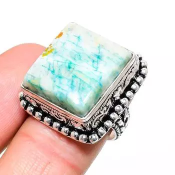 Кольцо ручной работы из стерлингового серебра 925 пробы с натуральным амазонитом, размер 7,5 V5O02