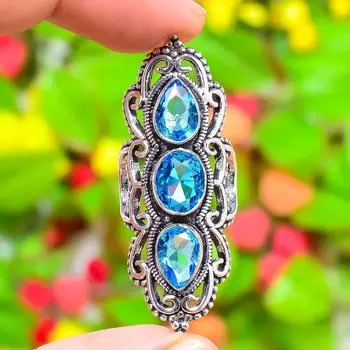 Кольцо ручной работы из стерлингового серебра 925 пробы с натуральным синим топазом, размер 7 l2K58