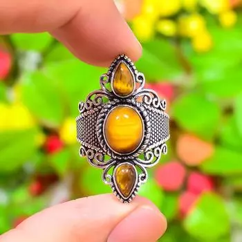 Кольцо ручной работы из стерлингового серебра 925 пробы с натуральным тигровым глазом, размер 10 o6A49