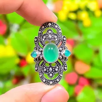 Кольцо ручной работы из стерлингового серебра 925 пробы с натуральным зеленым ониксом, размер 8 S8h75