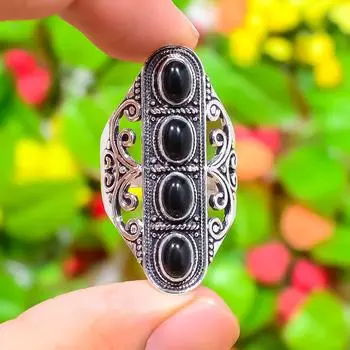 Кольцо ручной работы из стерлингового серебра 925 пробы с натуральным черным ониксом, размер 7,5 I8j14