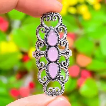 Кольцо ручной работы из стерлингового серебра 925 пробы с натуральным розовым кварцем, размер 9 i7T33