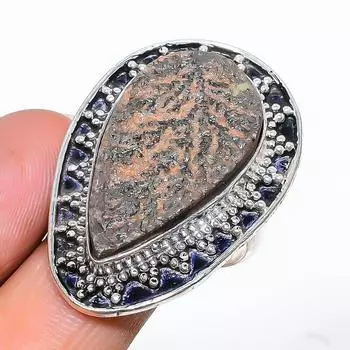 Кольцо ручной работы из стерлингового серебра 925 пробы с натуральным псиломелаином, размер 10 K0W04