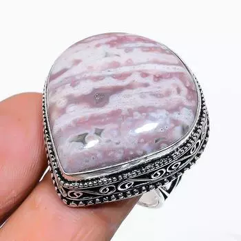 Кольцо ручной работы из стерлингового серебра 925 пробы с натуральным драгоценным камнем океанской яшмы, размер 8,5 S2w94