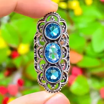 Кольцо ручной работы из стерлингового серебра 925 пробы с натуральным синим топазом, размер 7 H9q32