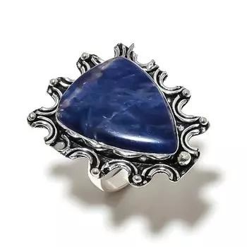 Кольцо ручной работы из стерлингового серебра 925 пробы с натуральным драгоценным камнем содалитом, размер 9,5 F8T50