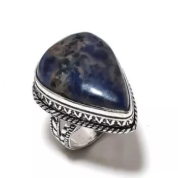 Кольцо ручной работы из стерлингового серебра 925 пробы с натуральным драгоценным камнем содалитом, размер 8,5 F4s22
