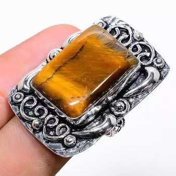 Кольцо ручной работы из стерлингового серебра 925 пробы с натуральным драгоценным камнем тигровый глаз, размер 7,5 L4F71