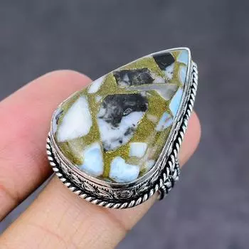 Кольцо ручной работы из стерлингового серебра 925 пробы с натуральным драгоценным камнем зебровой яшмы, размер 8 I9E91