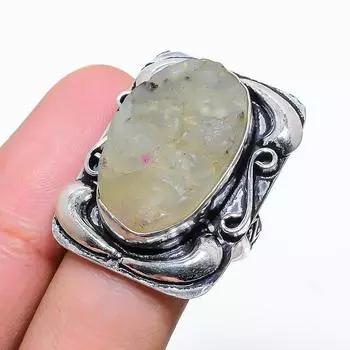 Кольцо ручной работы из стерлингового серебра 925 пробы с натуральным драгоценным камнем пренитом, размер 8,5 c4h97