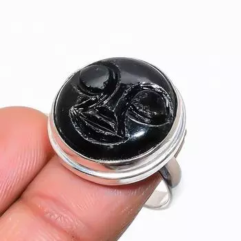 Кольцо ручной работы из стерлингового серебра 925 пробы с натуральным черным ониксом, размер 6,5 G5C48