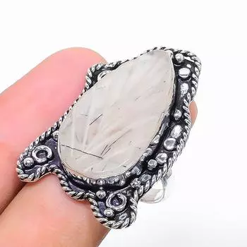 Кольцо ручной работы из стерлингового серебра 925 пробы с натуральным черным рутилом, размер 9 B6U28