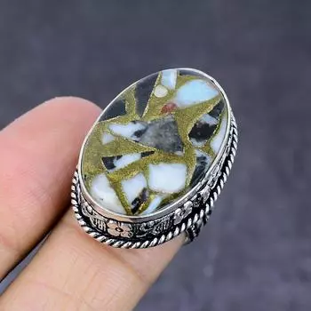 Кольцо ручной работы из стерлингового серебра 925 пробы с натуральным драгоценным камнем зебровой яшмы, размер 7 S2T59