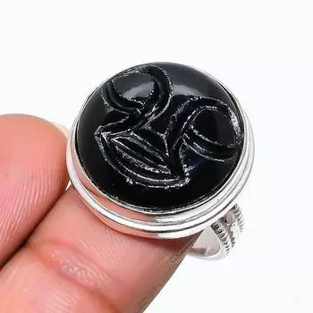 Кольцо ручной работы из стерлингового серебра 925 пробы с натуральным черным ониксом, размер 7 w0e23