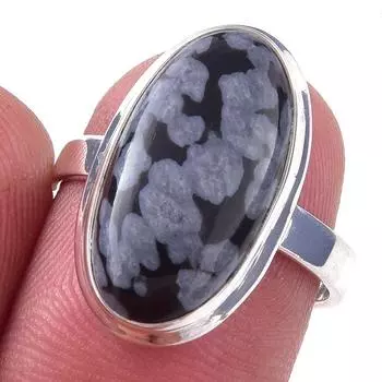 Кольцо ручной работы из стерлингового серебра 925 пробы с натуральным снежинком и обсидианом S.7 y0r96