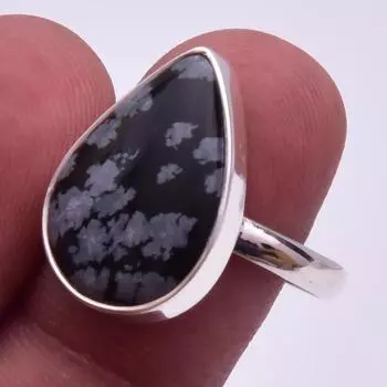 Кольцо ручной работы из стерлингового серебра 925 пробы с натуральным снежинкой и обсидианом S.9 I7Z30