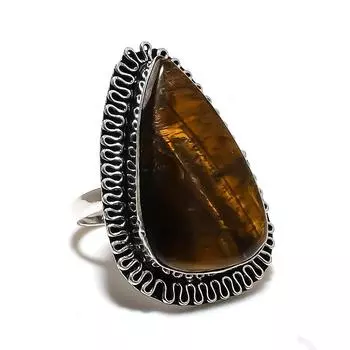Кольцо ручной работы из стерлингового серебра 925 пробы с натуральным тигровым глазом, размер 10 K3k09