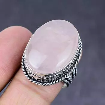 Кольцо ручной работы из стерлингового серебра 925 пробы с натуральным розовым кварцем, размер 9 E4H99