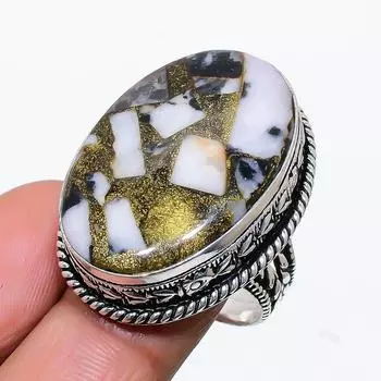 Кольцо ручной работы из стерлингового серебра 925 пробы с натуральным драгоценным камнем зебровой яшмы, размер 9 S4E06