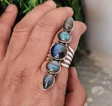 Кольцо ручной работы из стерлингового серебра 925 пробы с пятью драгоценными камнями лабрадорита, все размеры SR1034 Us 6 синий