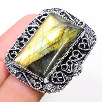 Кольцо ручной работы из стерлингового серебра 925 пробы с натуральным лабрадоритом, размер 10 A2i33