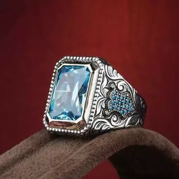 Кольцо ручной работы из турецкой бирюзы для мужчин и женщин с серебряным цветом, синим и красным цирконием, исламское винтажное ювелирное изделие 6-13 6