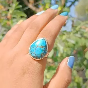Кольцо ручной работы с бирюзой, созданное в лаборатории, серебро 925 пробы, кольцо с грушей, женское кольцо, серебряное кольцо, подарок на день рождения, цельное кольцо 6
