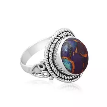 Кольцо ручной работы с фиолетовым медно-бирюзовым драгоценным камнем, цельное кольцо из серебра 925 пробы, богемное кольцо 6