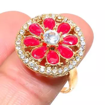 Кольцо ручной работы с красным рубином, натуральным белым топазом, размер 9 z4j57