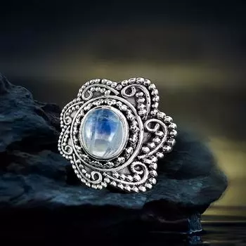 Кольцо ручной работы с лунным камнем, эффектное кольцо, подарок для нее, дизайнерское кольцо, кольцо в богемном стиле, серебро 925 пробы 6