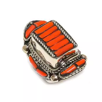 Кольцо ручной работы с натуральным красным кораллом, размер 9,5 s5C07