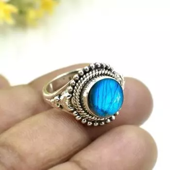 Кольцо ручной работы с натуральным синим лабрадоритом и круглым драгоценным камнем, кольцо из твердого серебра 925 пробы, дизайнерское кольцо, подарок для нее, обручальное кольцо 6
