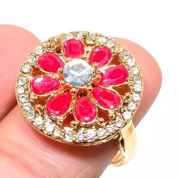 Кольцо ручной работы с натуральным красным рубином и кубическим цирконием, размер 7,5 T3f17