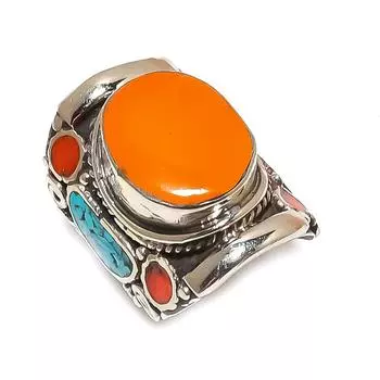 Кольцо ручной работы с тибетской бирюзой и коралловым драгоценным камнем, размер 9,5 p5Y41