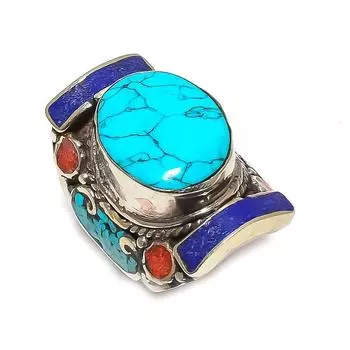 Кольцо ручной работы с тибетской бирюзой и коралловым драгоценным камнем, размер 10 O8g48