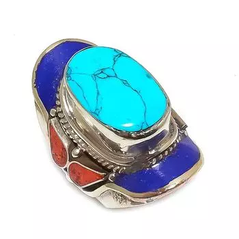 Кольцо ручной работы с тибетской бирюзой и коралловым драгоценным камнем, размер 8,5 o8z80