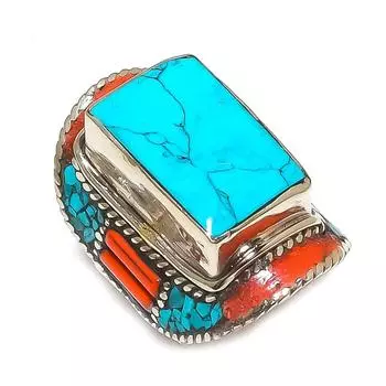Кольцо ручной работы с тибетской бирюзой и коралловым драгоценным камнем, размер 9 h6N10