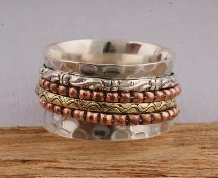 Кольцо ручной работы с тремя тонами Spinner Band Заявление Кольцо Твердое серебро 925 пробы Дизайнерские ювелирные изделия 6 серебряный