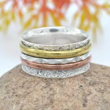 Кольцо ручной работы Твердые ювелирные изделия из стерлингового серебра 925 пробы Трехцветное кольцо Spinner Band 6 серебряный